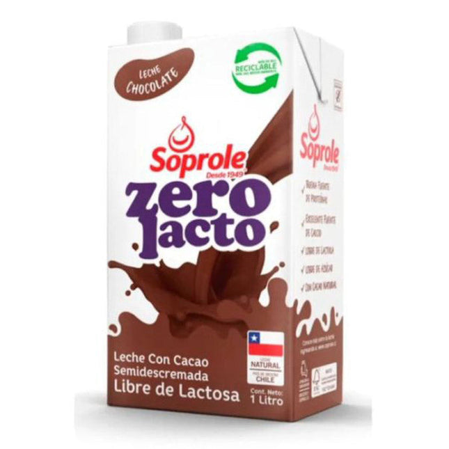 Leche Chocolate Zerolacto 1 lt Soprole, 12 unidades