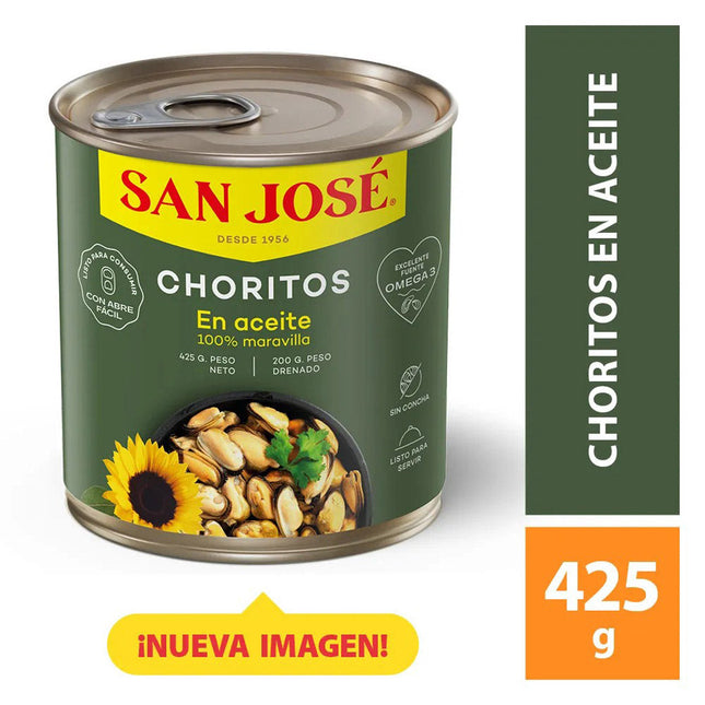 Choritos en Aceite 425 gr San Jose, 24 unid
