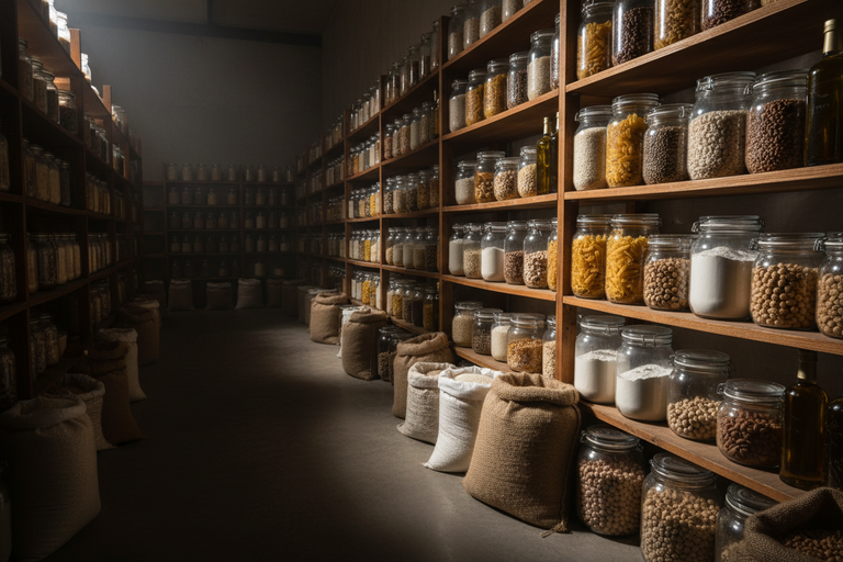 imagen horizontal de una especie de bodega, el lado izquierdo se ve mas oscuro y difuso, al lado derecho se ven distintos frascos de vidrio y sacos con arroz, pastas, harina, legumbres y aceite